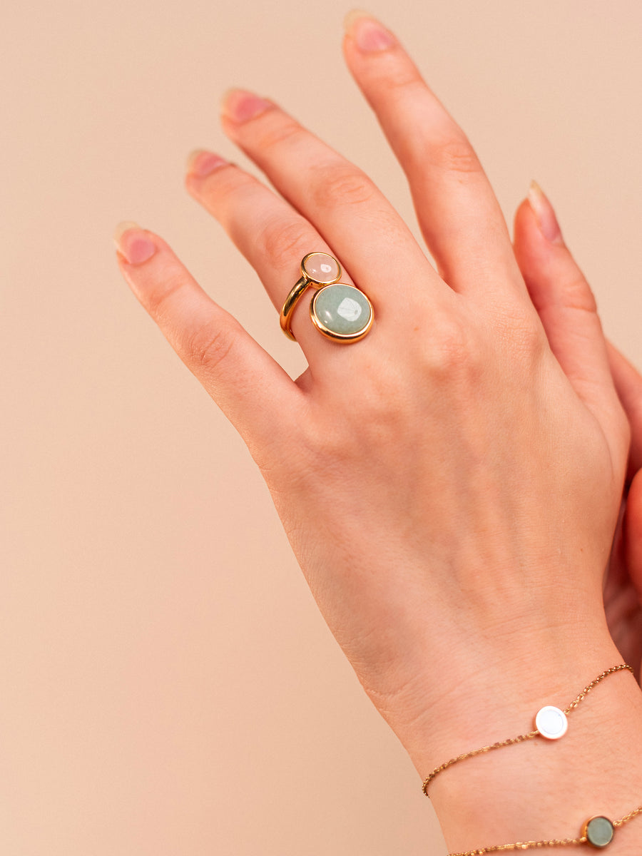 Bague Dual - Aventurine Verte et Quartz Rose