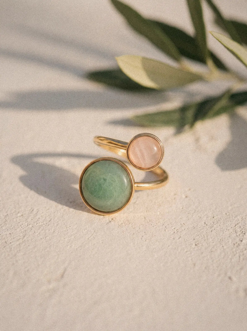Bague Dual - Aventurine Verte et Quartz Rose