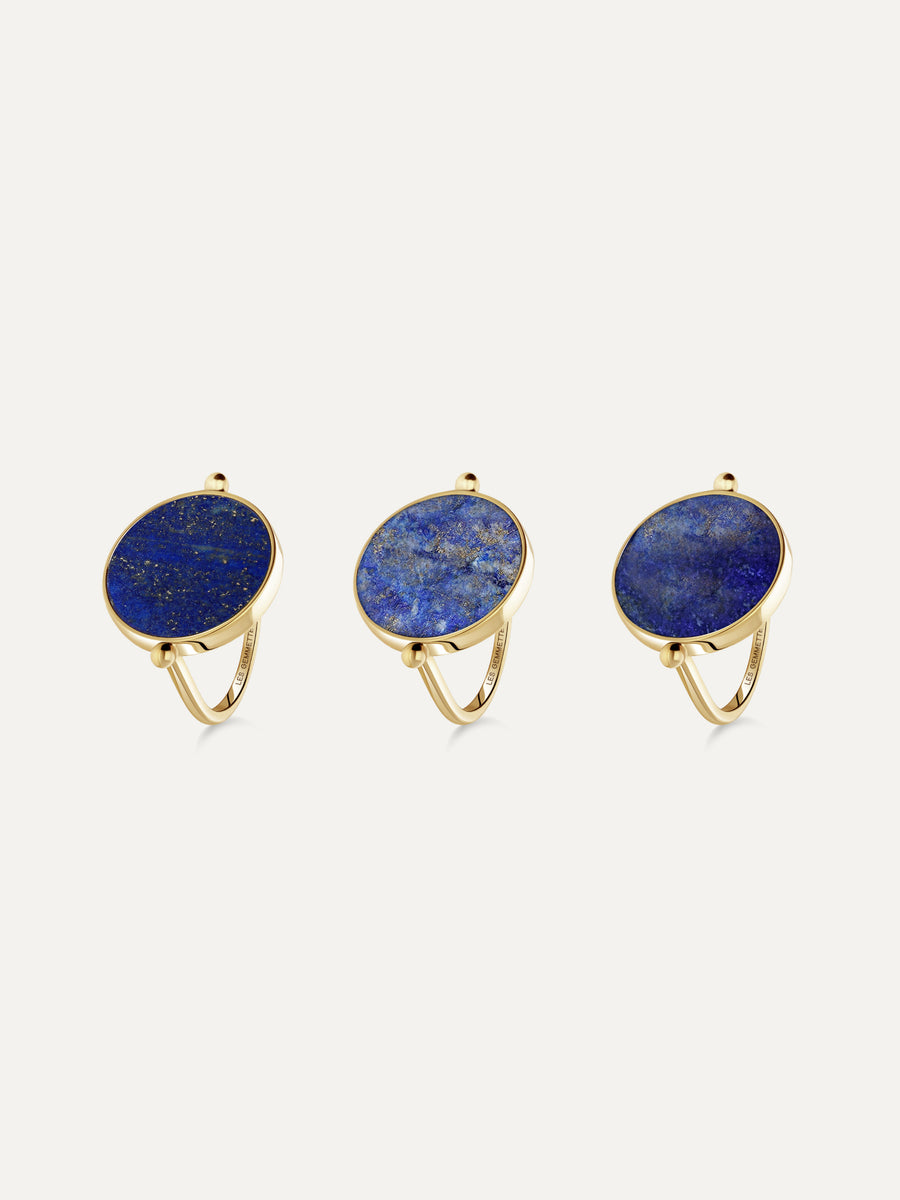 Trio de bagues aura lapis lazuli sur fond blanc